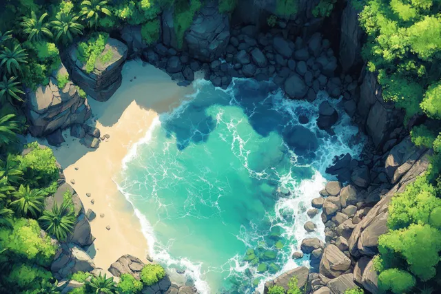 Aerial tropical beach battlemap with turquoise surf, rocky cliffs, and carved stone paths