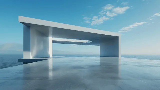 Minimalist concrete platform in a geometric frame with blue sky backdrop and soft shadows on the floor.