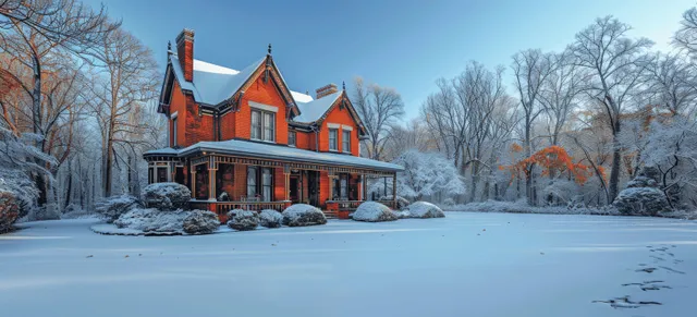 Red brick Victorian house with a front porch, snow-covered yard, and blue winter sky.