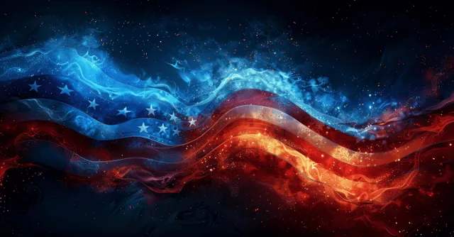 Glowing American flag waves across dark background with stars and firework sparks