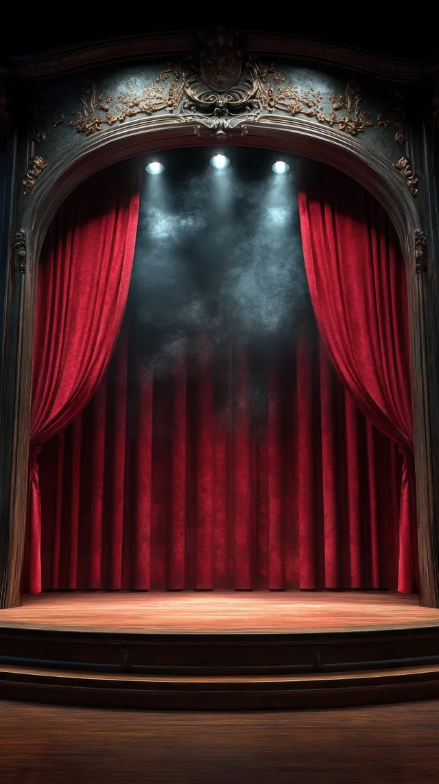 Empty theater stage with red velvet curtains half open and soft overhead spotlights creating beams of light.