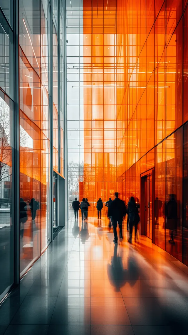Silhouetted employees walk through a glass office hallway with orange interior lighting and motion blur.