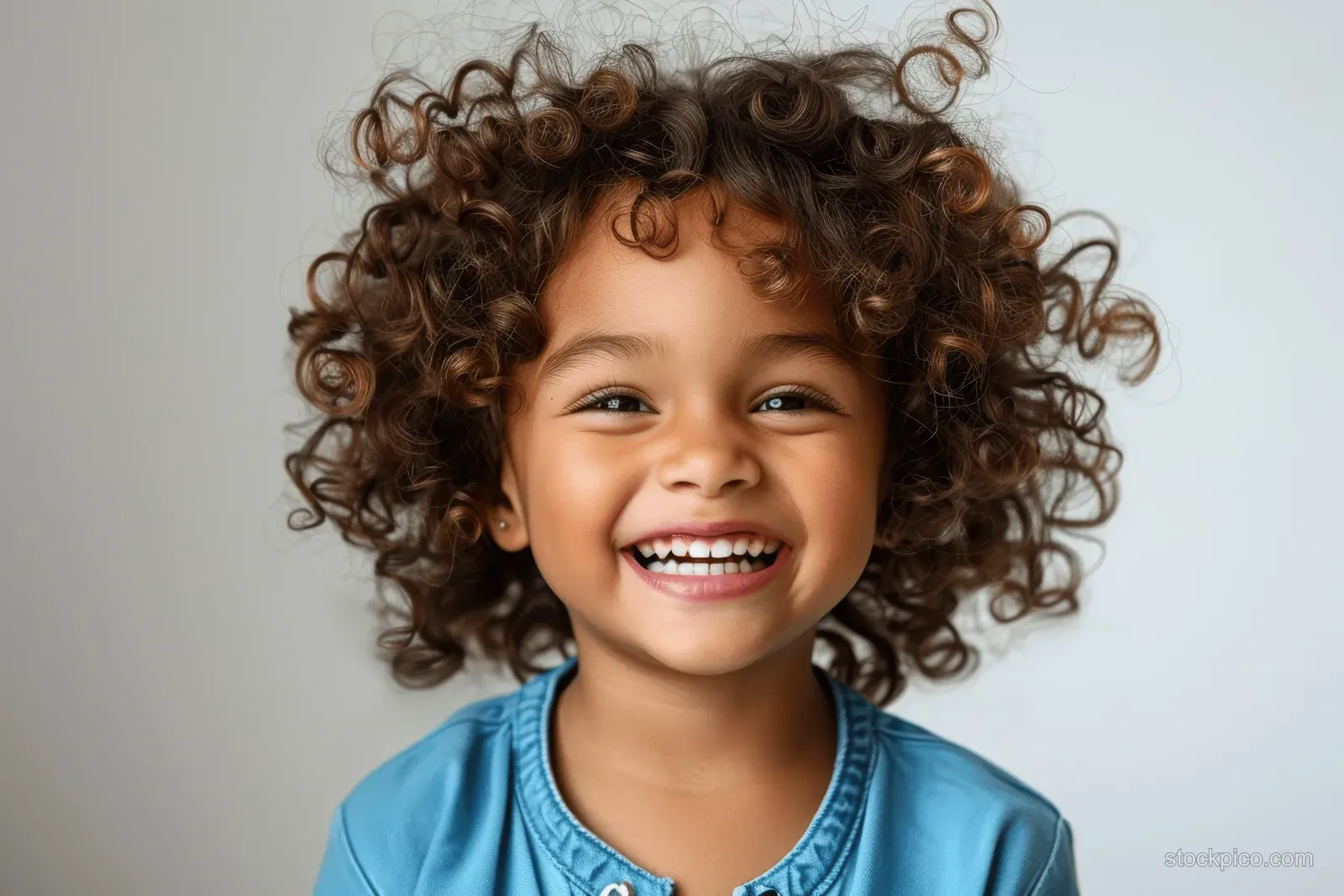 A curly-haired mixed race girl smiles and laughs in a blue shirt on a white studio background.