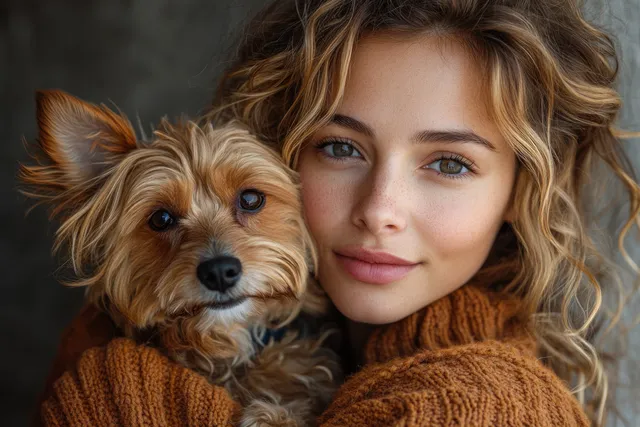 Woman holding a small poodle close in a warm studio portrait with soft light