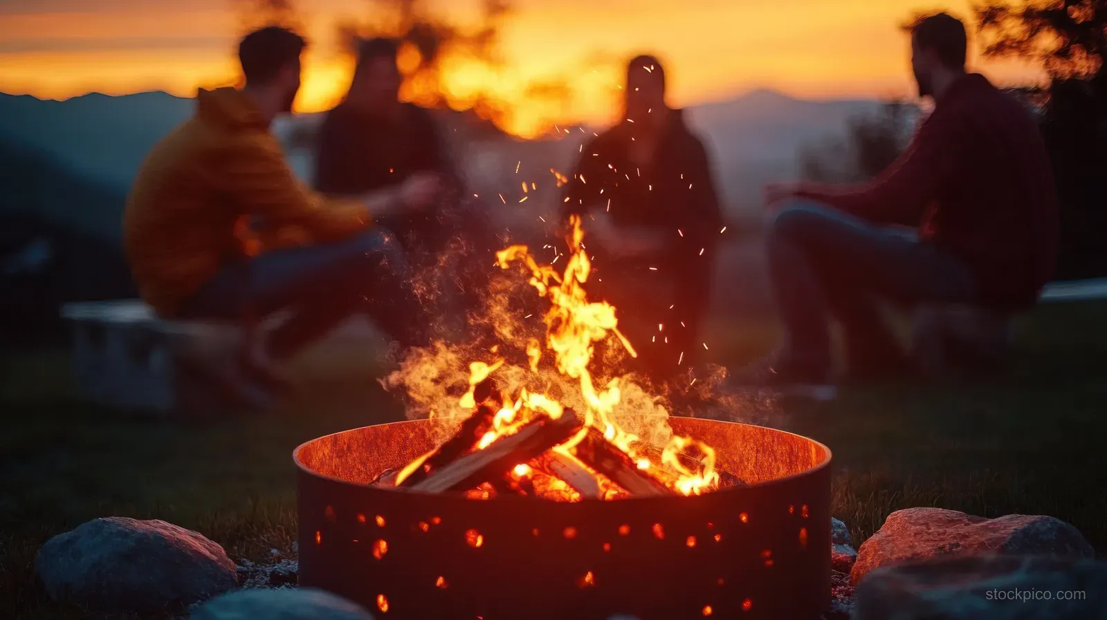 Three friends sit around a glowing campfire at sunset, sparks rising against a mountain silhouette.