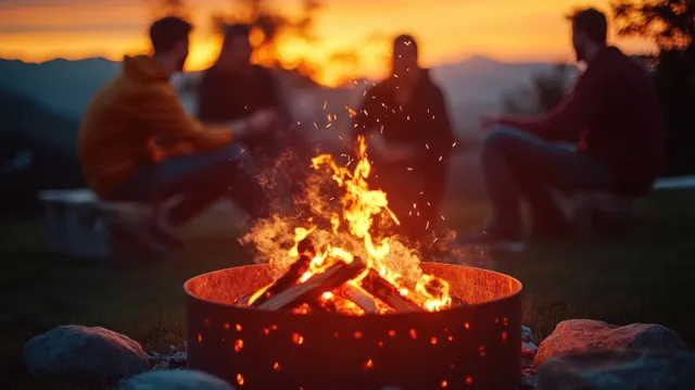 Friends roasting marshmallows around a glowing campfire at sunset with mountains silhouetted