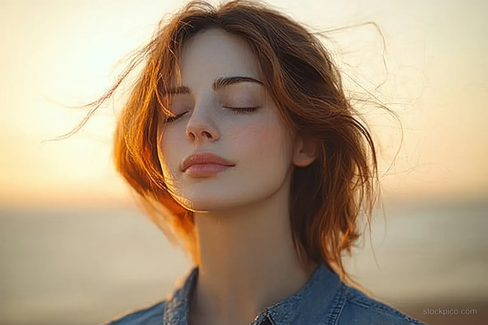 Young woman with closed eyes in warm golden sunlight as wind lifts her red hair outdoors.