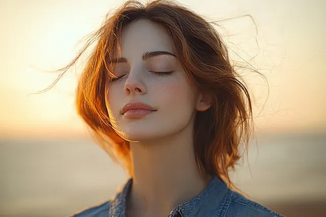 Young woman closes her eyes in golden hour sunlight as a breeze lifts her red hair