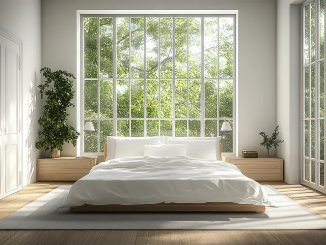 Scandinavian bedroom with sunlit window grid, white bed, and potted greenery