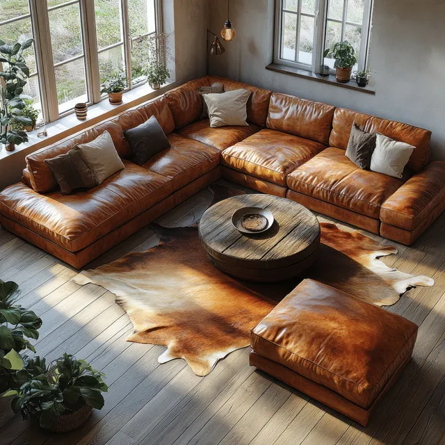 Sunlit living room with a brown leather sectional, wooden coffee table, and animal hide rug in front of large windows.