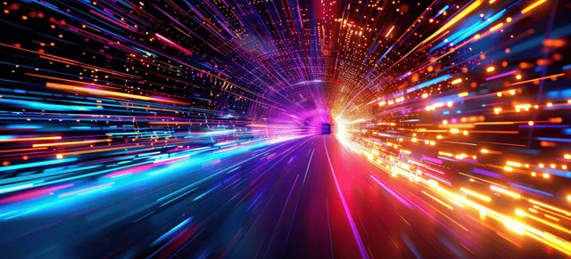 Neon data stream streaks through a futuristic tunnel, glowing at a bright event horizon
