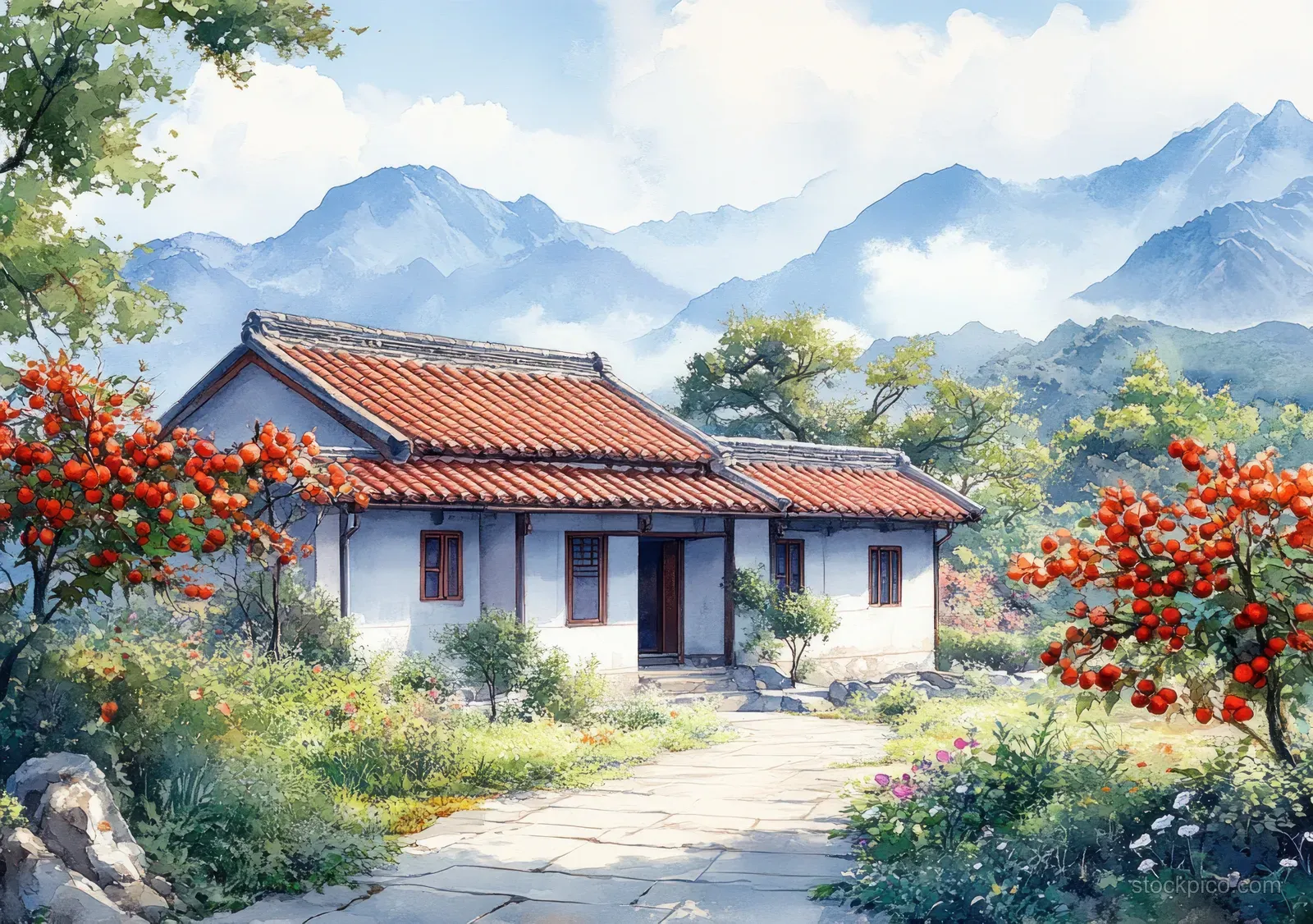 Countryside house with red-tiled roof surrounded by persimmon trees, leading path, and distant mountains under soft clouds.