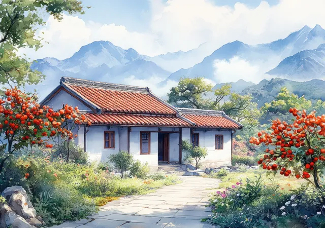 Countryside house with red tile roof, persimmon trees, and mountain valley view