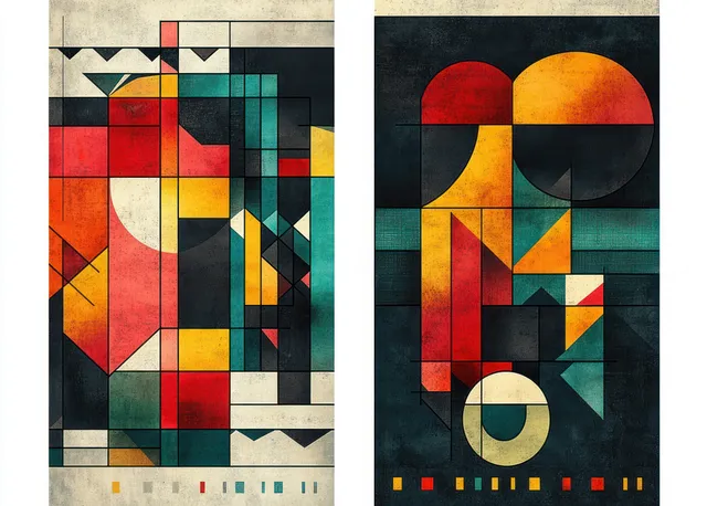 Geometric poster template with colorful abstract shapes, symmetry and layered grid background