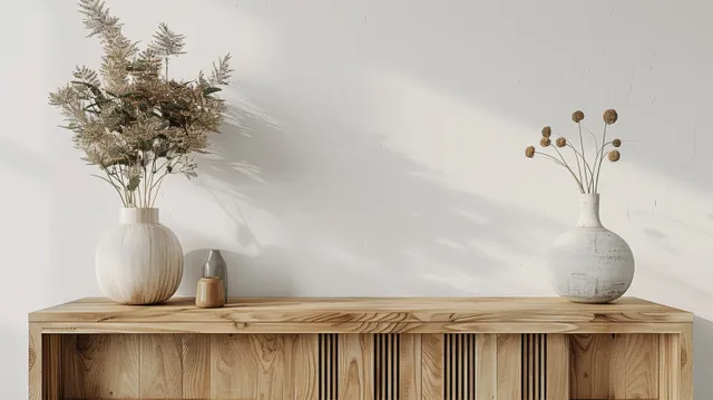 Scandinavian wooden sideboard with carved front, two white vases, and small decorative objects against a light wall.