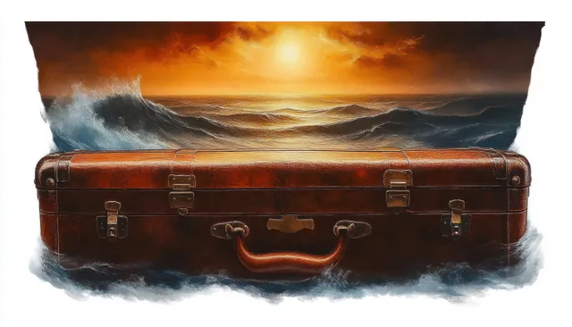 A vintage leather suitcase floats on ocean waves with golden sunset light reflecting on the water.
