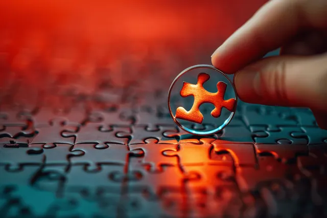 A hand places a glowing orange puzzle piece into a blue jigsaw on a dark tabletop.