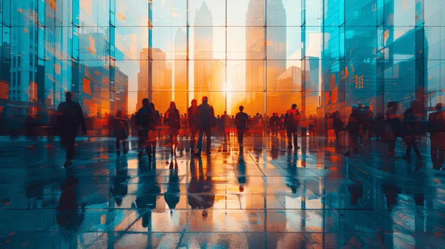 Silhouettes of pedestrians walk through a modern cityscape at sunset, with reflective glass buildings and vibrant color contrasts.