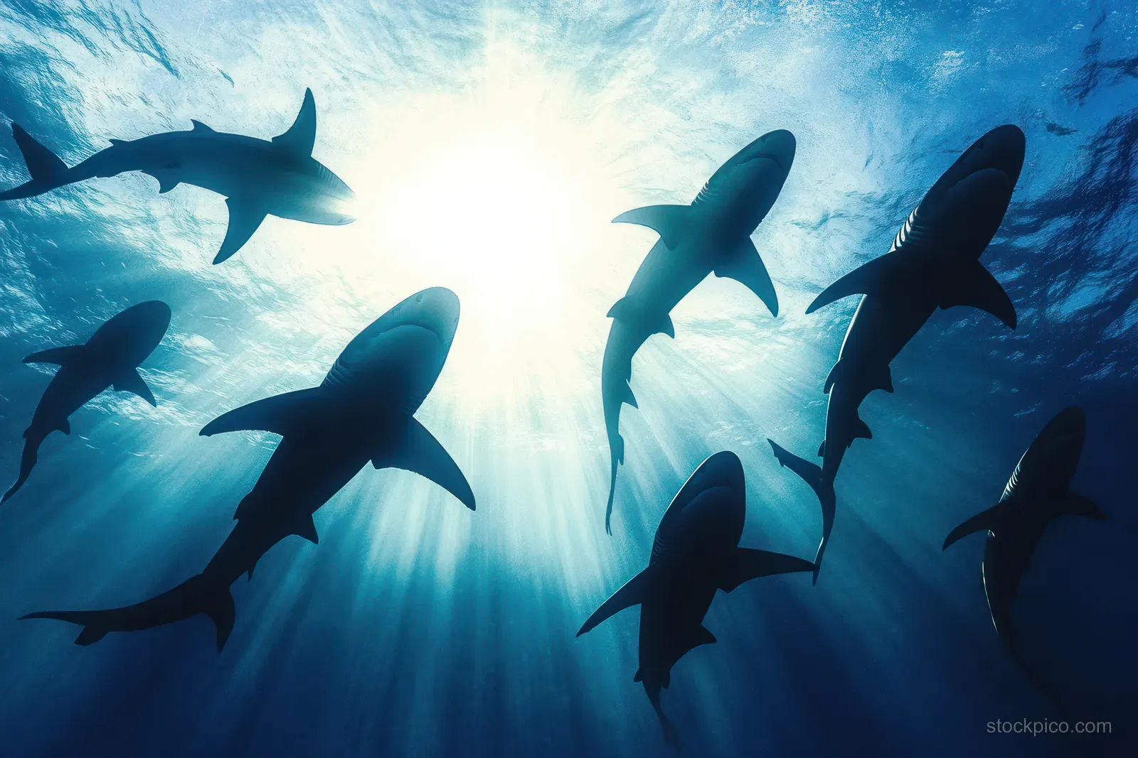 Several sharks swim in formation below the surface with sunbeams cutting through the deep blue water.