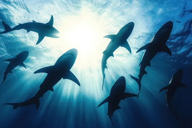 Sharks glide beneath sunlit water, rendered in Japanese ink wash silhouettes