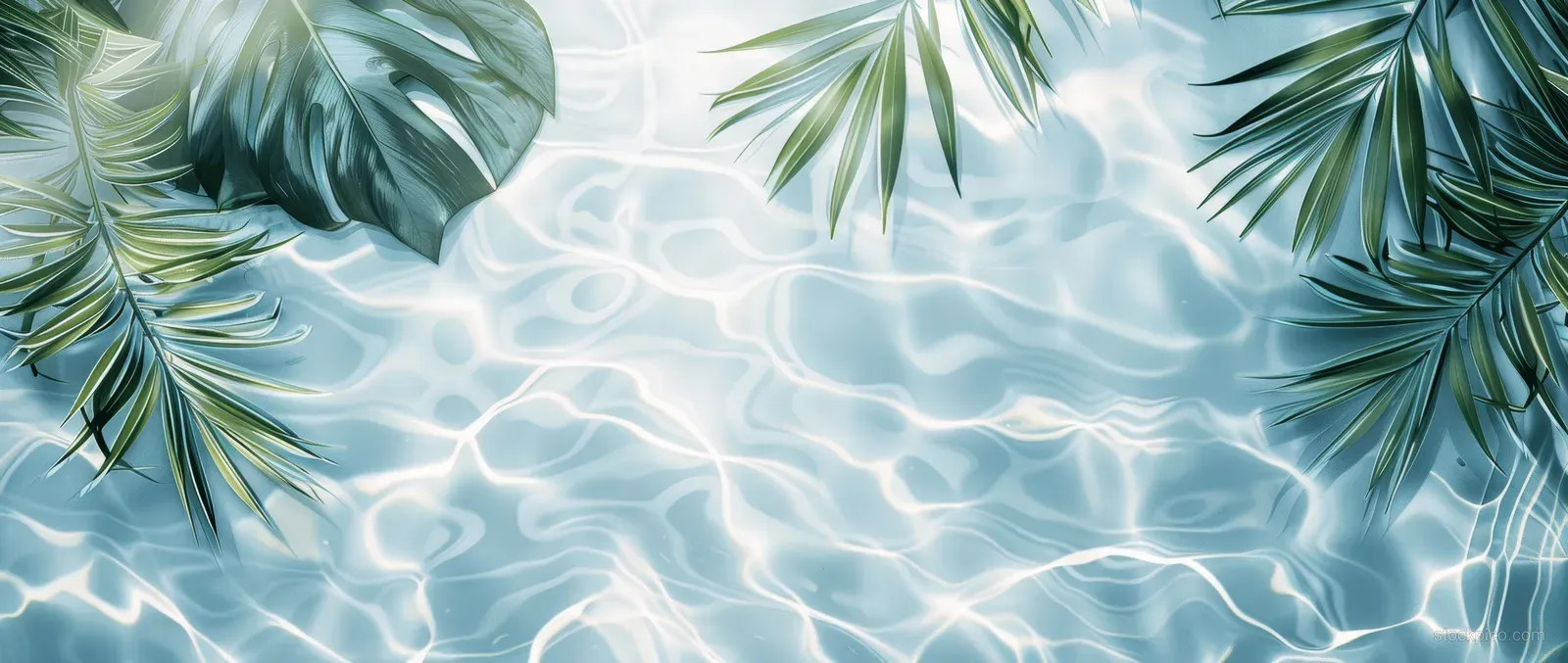 Top-down view of palm leaf shadows on rippling blue water with hints of sand along the edges.