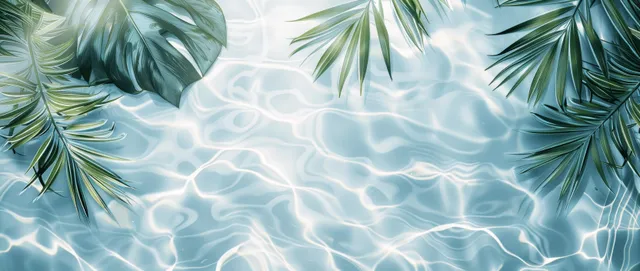 Palm leaf shadows over rippling ocean water on sandy beach background in summer sunlight