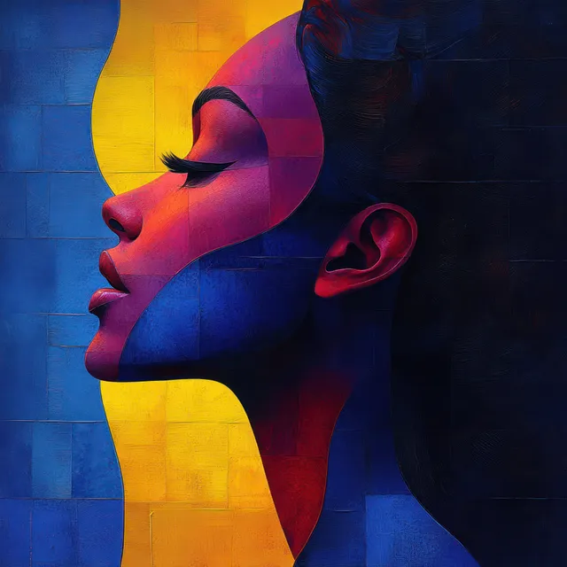 Cubism-style profile portrait of a woman with angular blocks of blue, yellow, and pink.