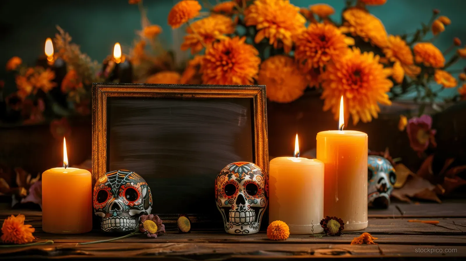 Candles and sugar skull decorations sit around a framed blank blackboard on a wooden table with orange marigold flowers.