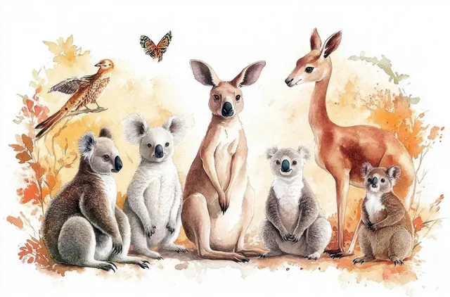 Watercolor Australian wildlife scene with kangaroos, koalas, emu, black swan, kookaburra, echidna