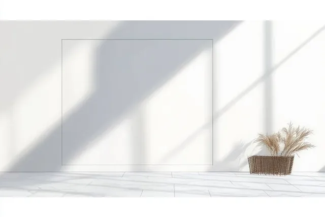 Wicker basket with dried pampas grass sits on a marble tile floor under sunlit shadows near a blank white wall.