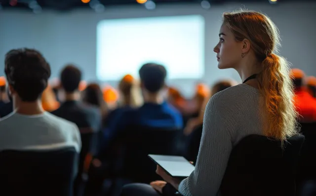Conference audience watches a blurred speaker on stage while a woman holds a tablet in the foreground.