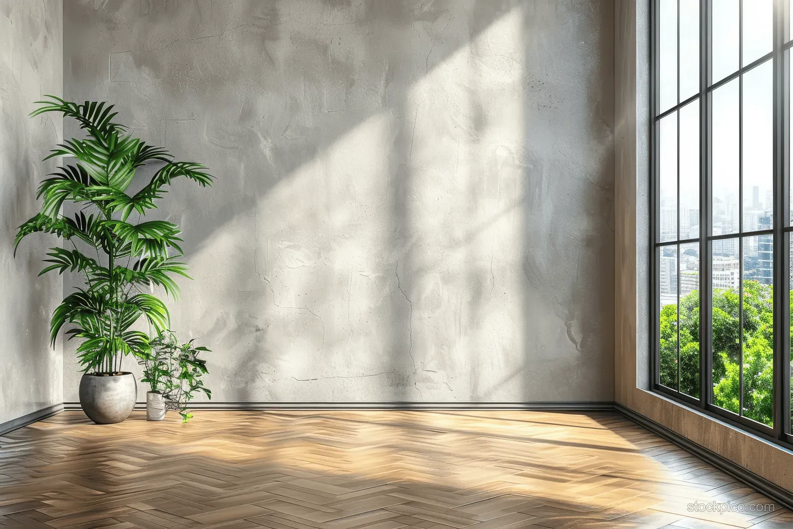 Sunlight streams through a large window onto wooden parquet flooring beside green potted plants.