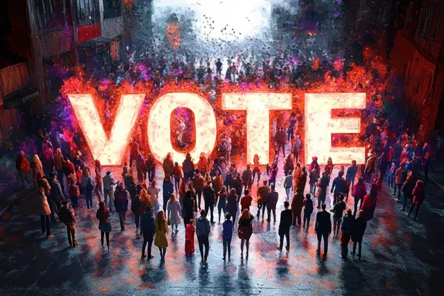 Crowd members walk toward large glowing VOTE letters amid smoky lights and dramatic shadows in digital art.