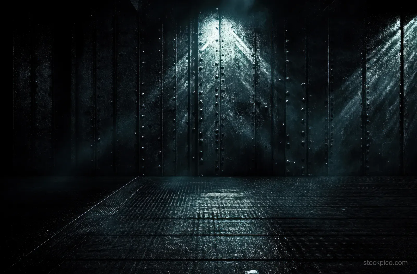 Empty abandoned metal room with riveted wall panels, textured floor, and teal spotlight reflections in deep shadows.