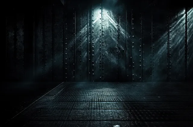 Empty abandoned metal room with riveted wall panels, textured floor, and teal spotlight reflections in deep shadows.