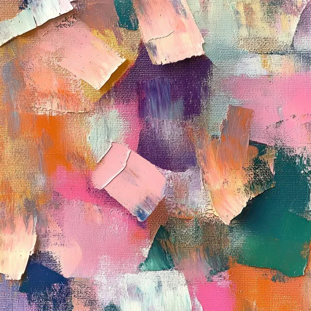 Colorful abstract brush strokes layered on textured canvas with pink, orange, teal, and purple blocks