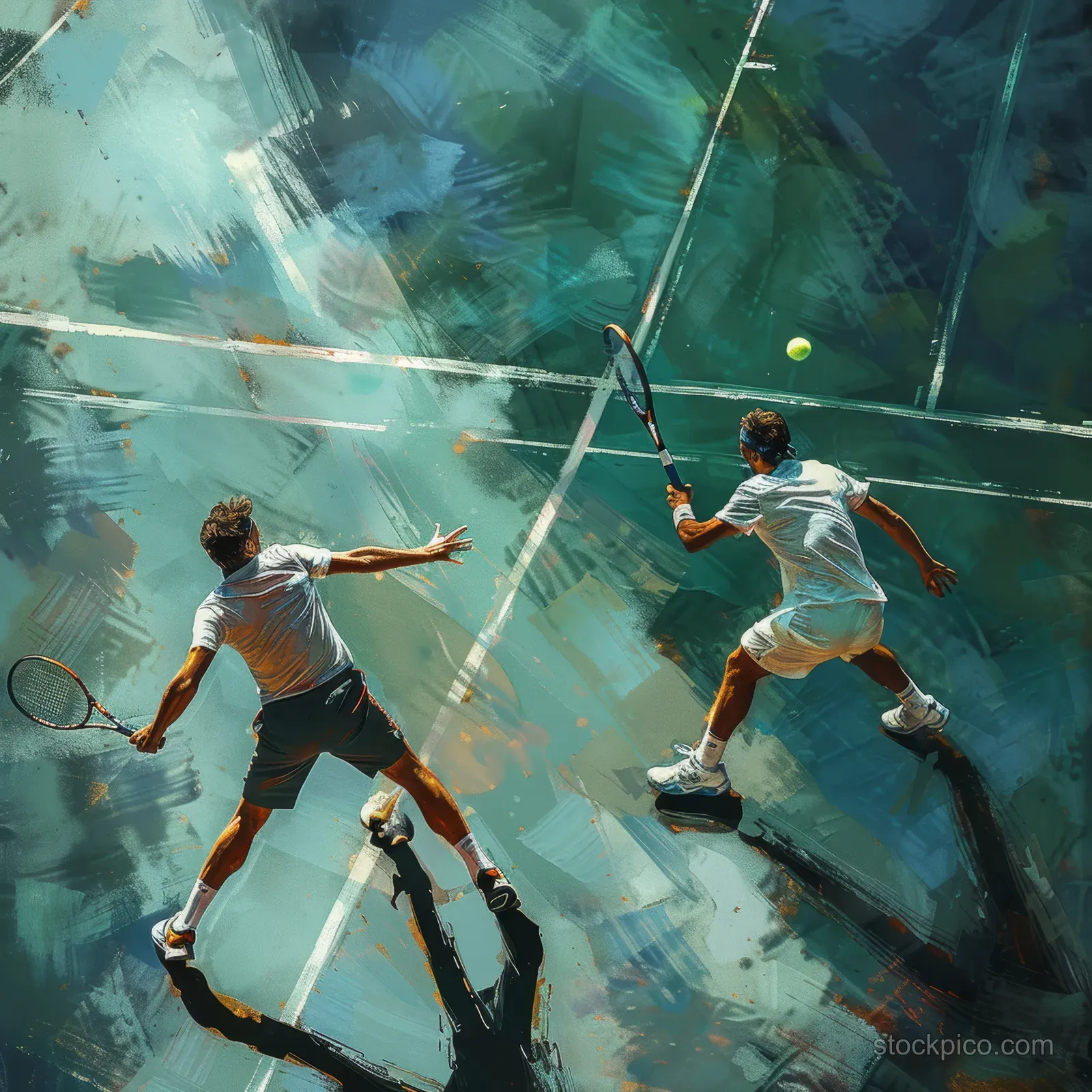 Two men’s doubles tennis players strike a rally on a court under dramatic teal lighting and motion streaks.