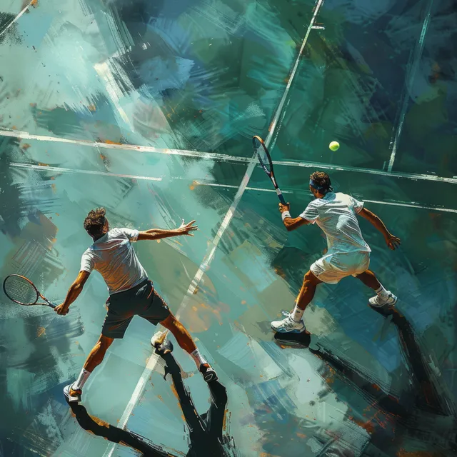 Two men’s doubles tennis players strike a rally on a court under dramatic teal lighting and motion streaks.