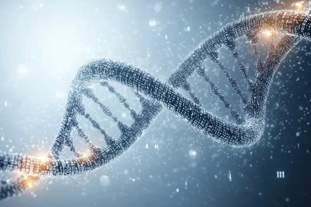 Glowing holographic DNA helix floats in blue mist with illuminated particles and faint data markings.