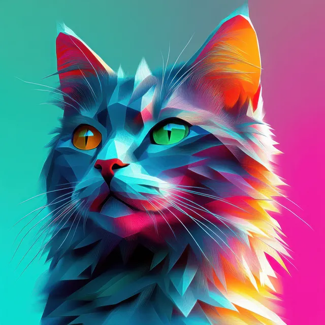 A low-poly cat portrait with glowing green eyes, sharp facets, and a teal and pink geometric background.