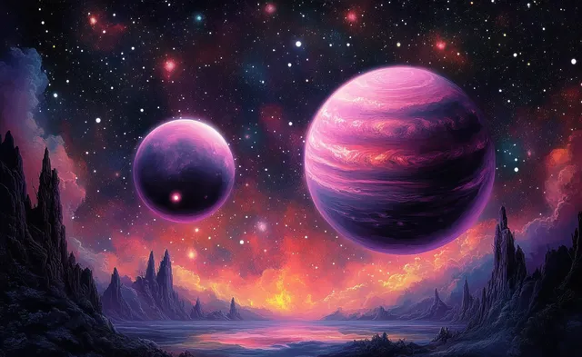 Two glowing planets float above a nebula sky over dark alien mountains at night.