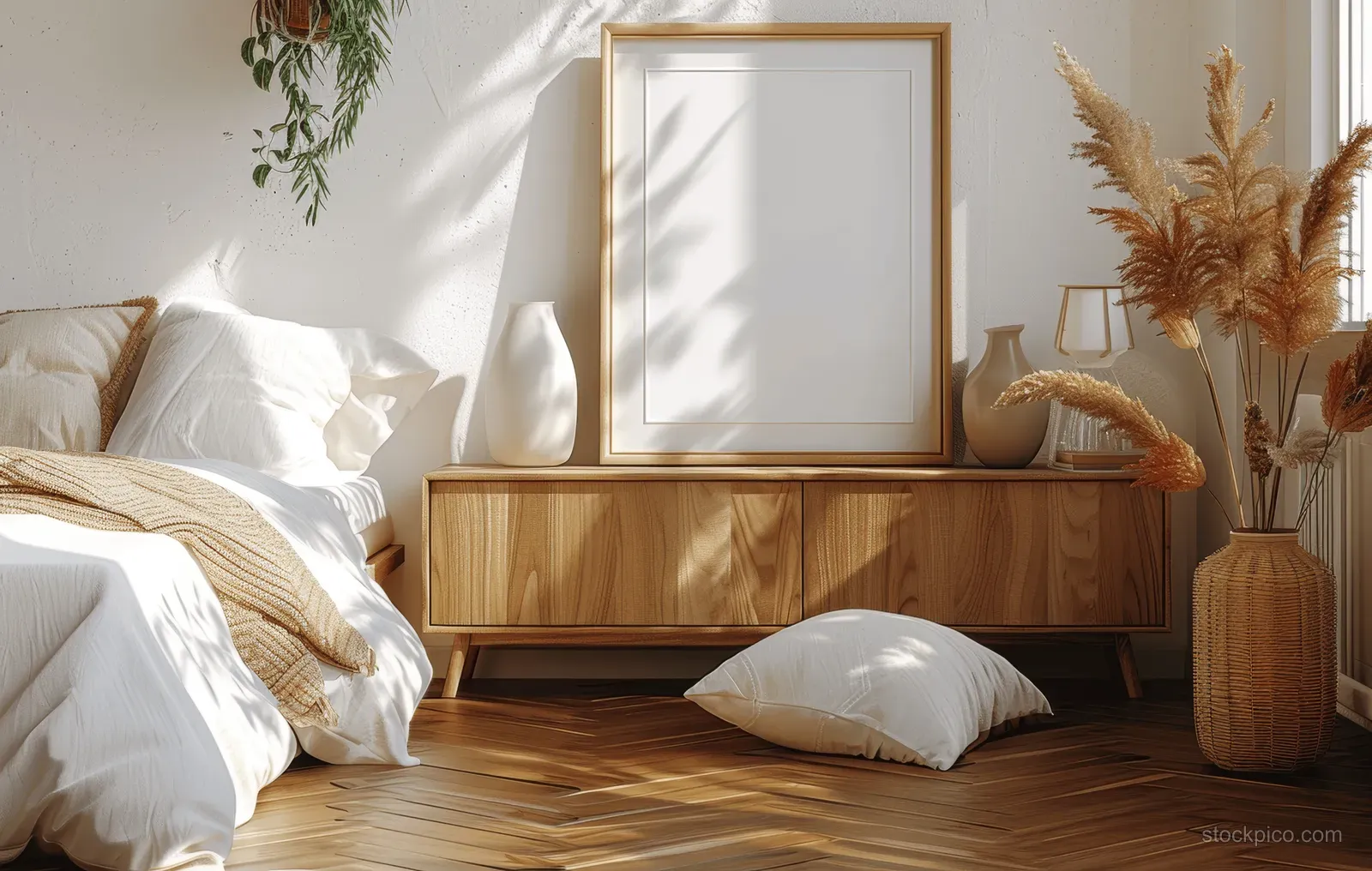 Sunlit bedroom corner with a white blank picture frame mockup on a wooden bedside table and pillows.