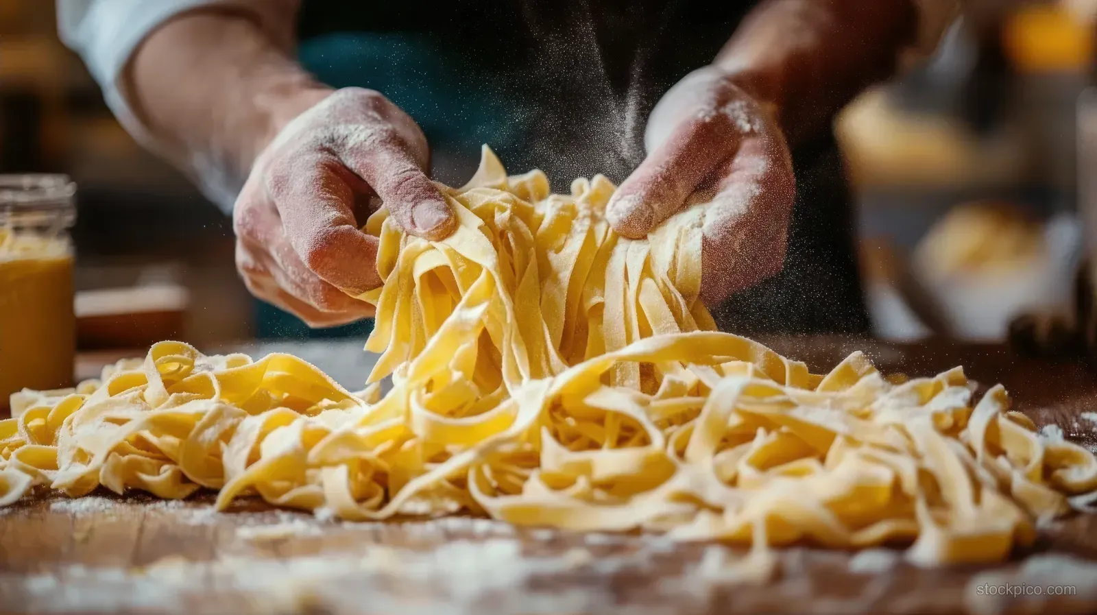 Floured hands lift fresh fettuccine pasta strands on a wooden table with flour dust around.