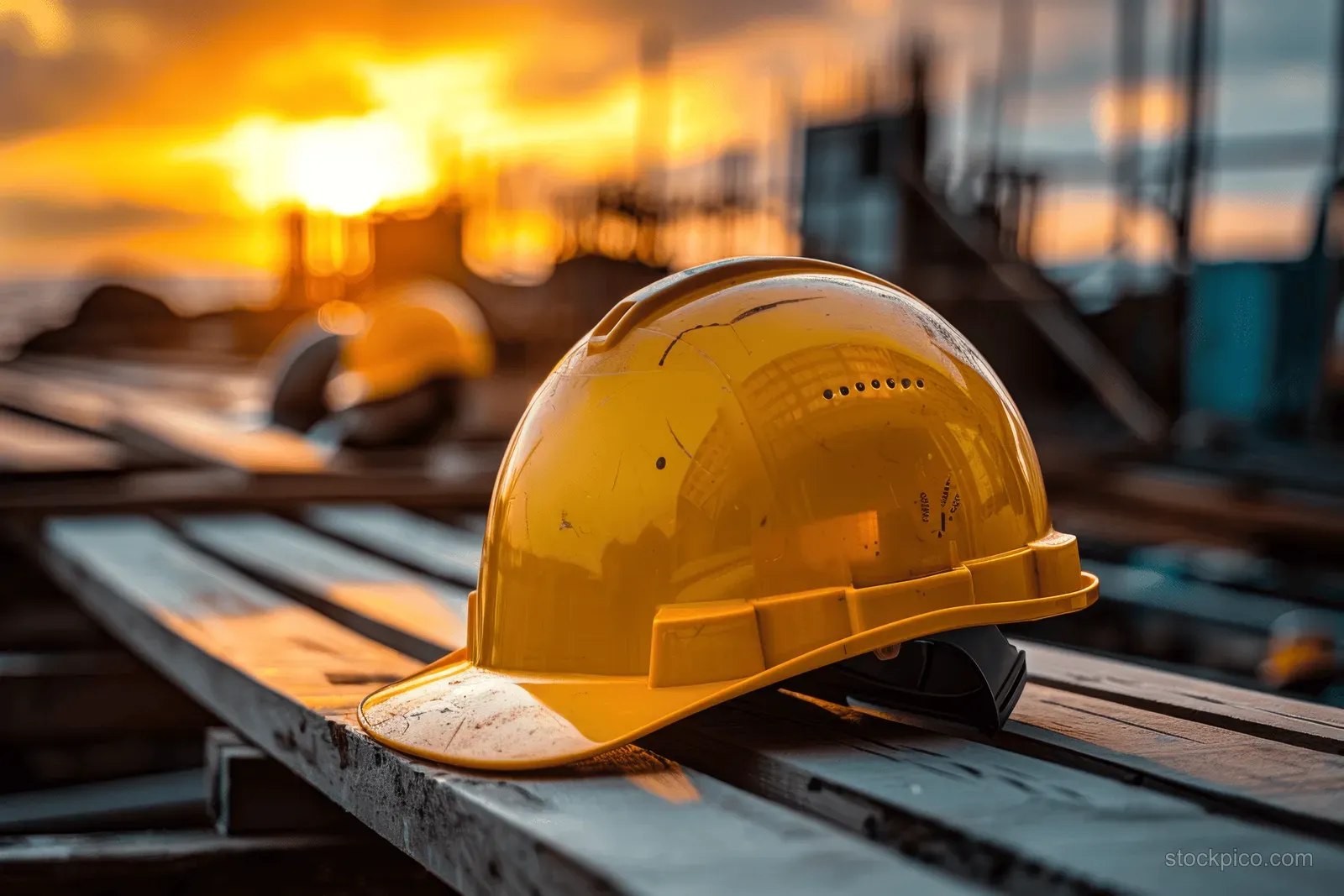 Yellow construction hard hat rests on wooden planks with sunset and blurred worksite equipment in the background.