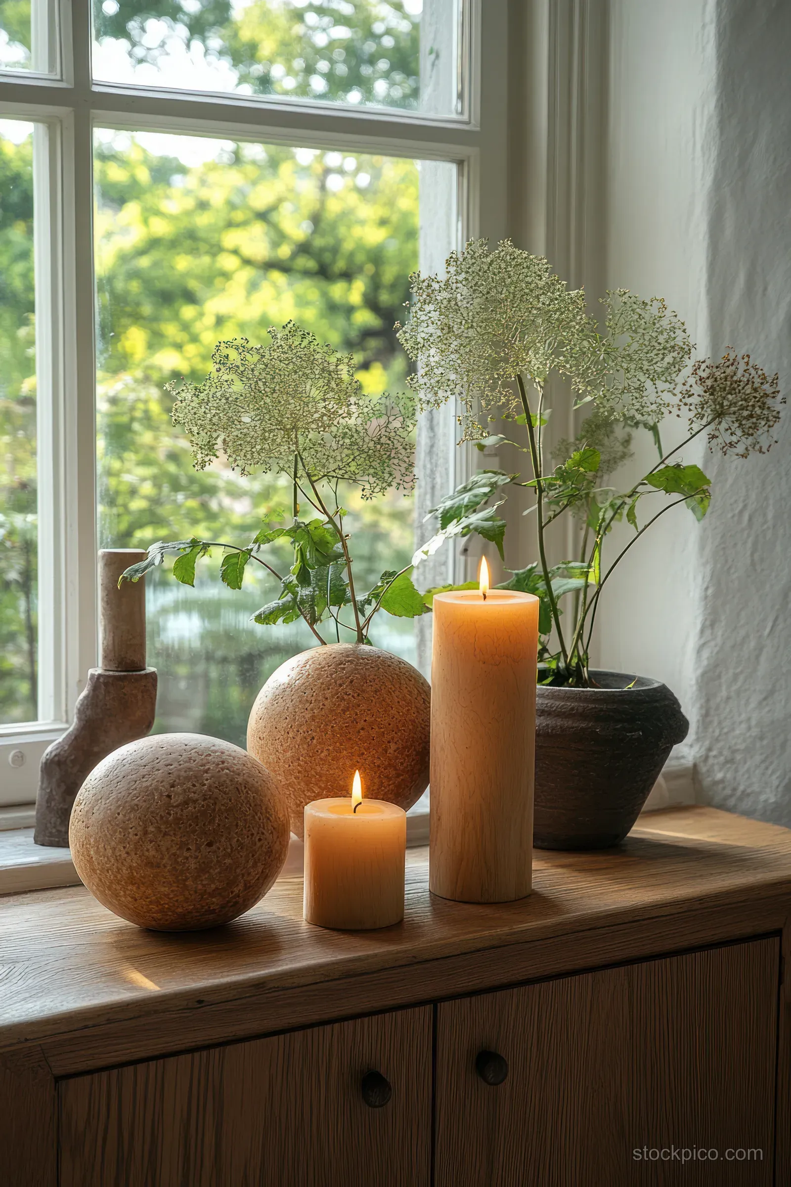Wooden cabinet with tall candles and potted plants beside a sunlit window creating soft shadows.