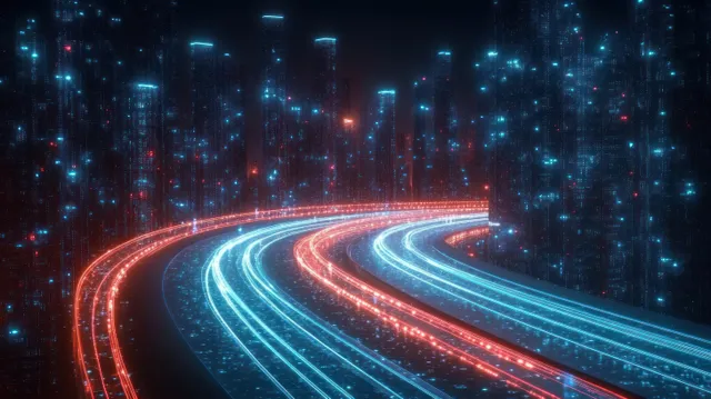 A neon-lit highway curves through futuristic city towers at night, with blue and red light trails streaking forward.