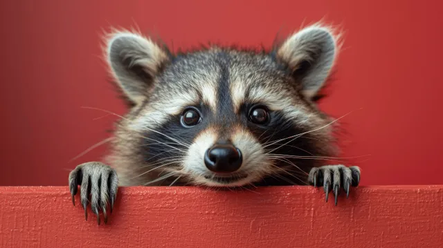 Cute raccoon peeks over a red wall with visible eyes, whiskers, and paws in front of a plain red background.
