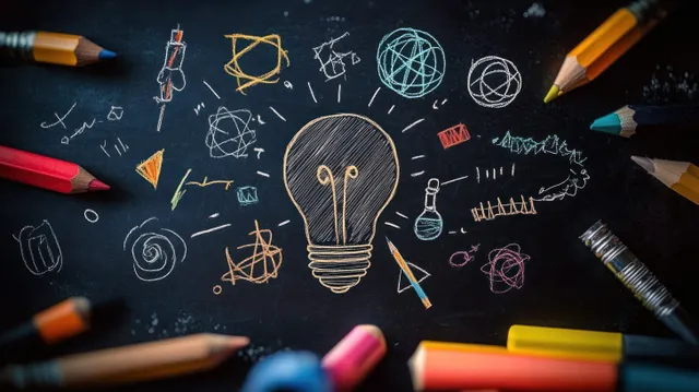 Glowing light bulb chalk drawing on blackboard surrounded by colored pencils and doodle symbols