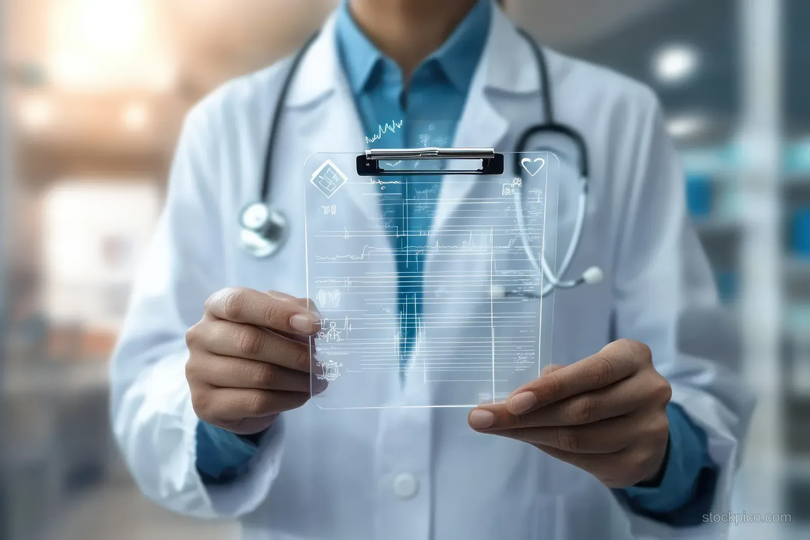 Doctor in a clinic holds a transparent checklist overlay while reviewing patient medical records.