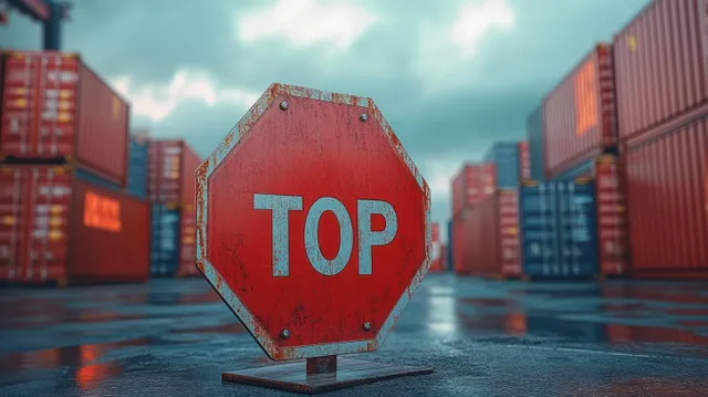 Rusty red octagonal TOP sign standing in a wet shipping container yard